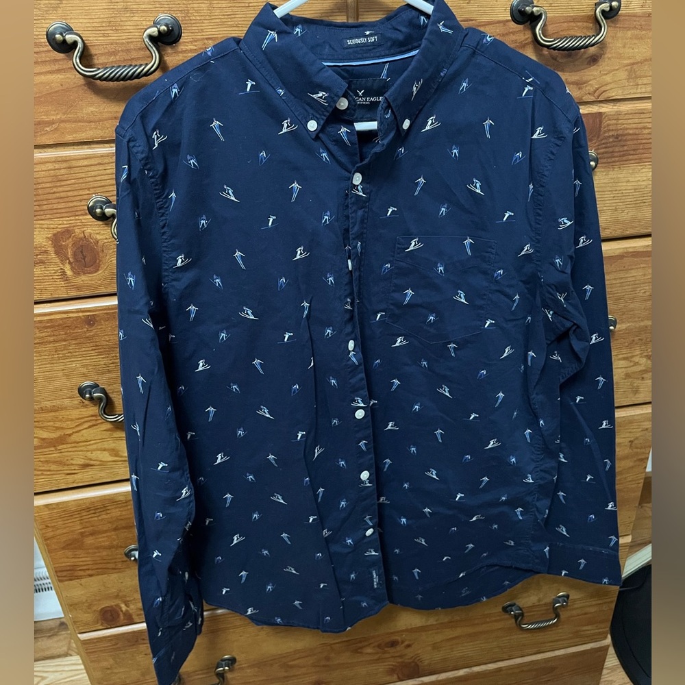 American Eagle Outfitters Dark Blue Shirt with White and Light Blue Ski Pattern
